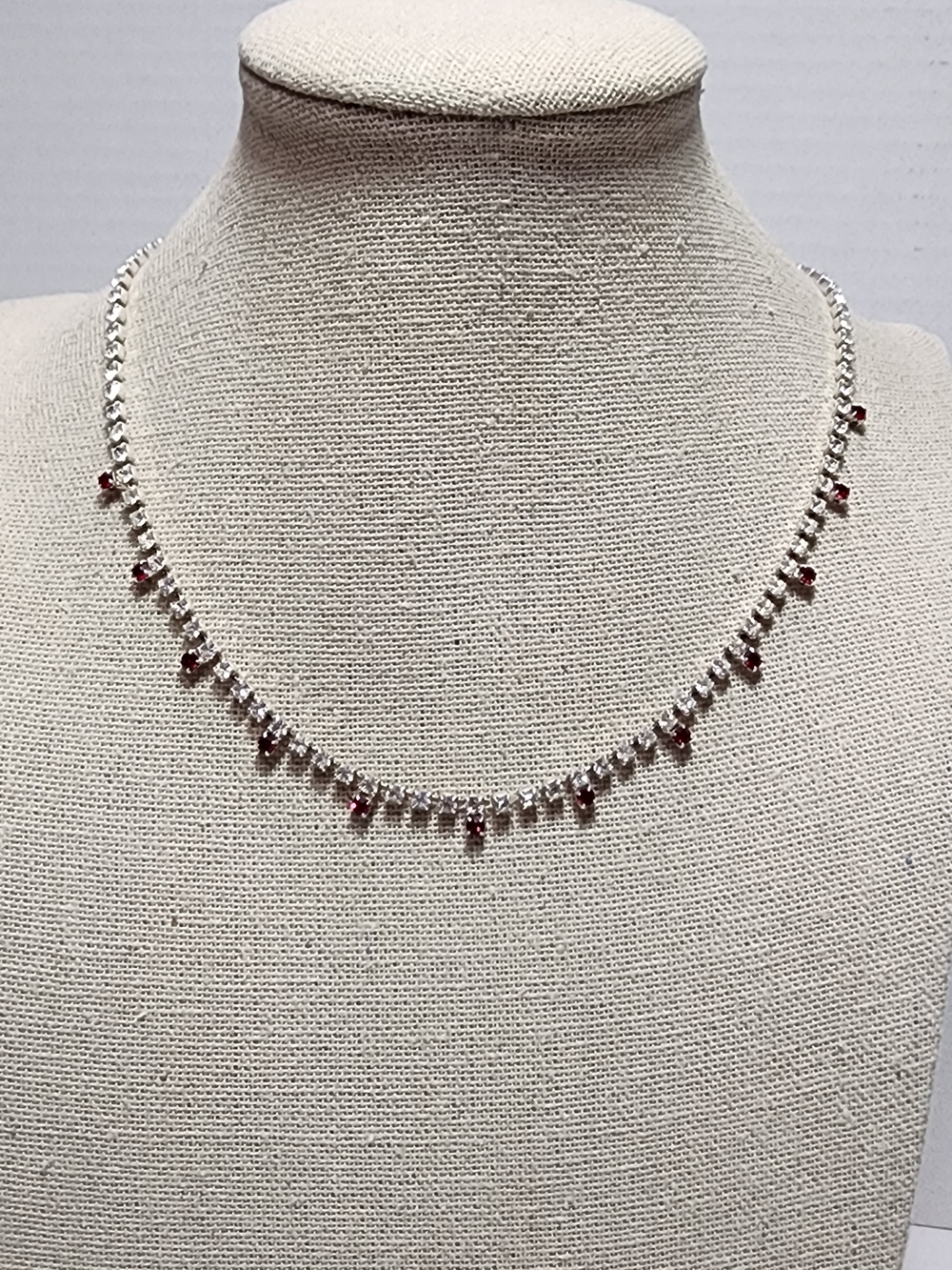 Vintage Silvertone Red Garnet Dangle Station Necklace